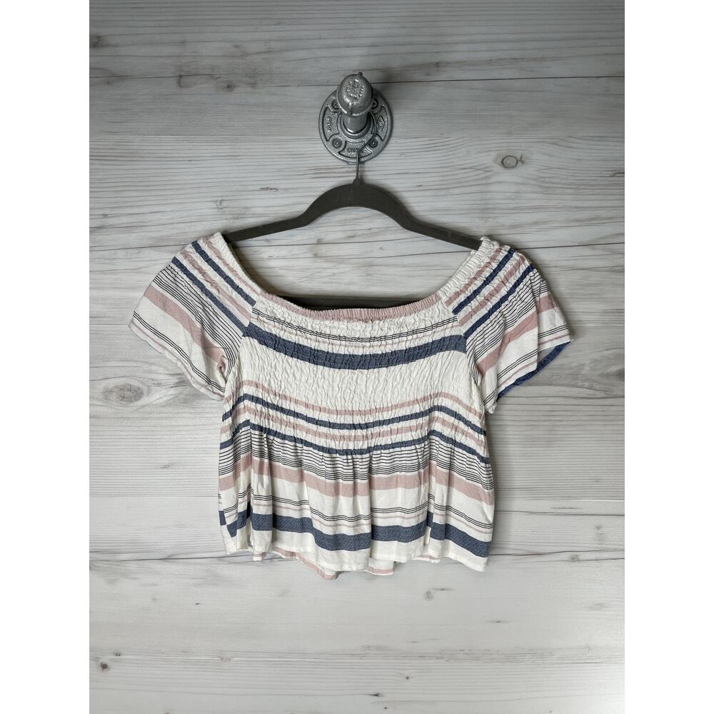 Style Envy Shirt Womens Medium White Blue Striped Smocked Crop Top Off Shoulder